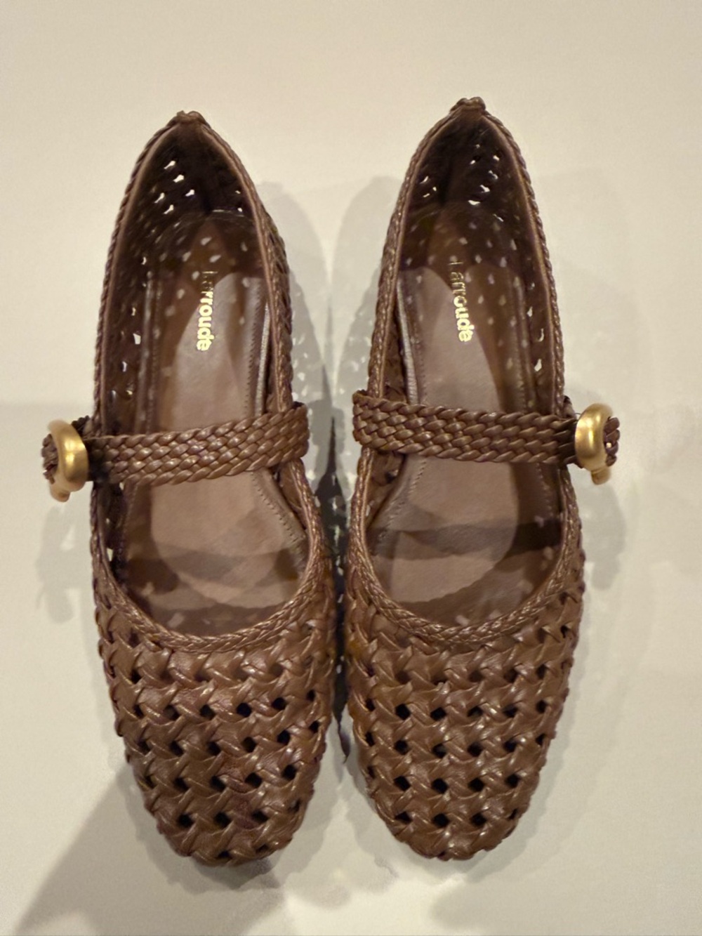 Larroude Brown Woven Mary Jane Flats with Braided Strap